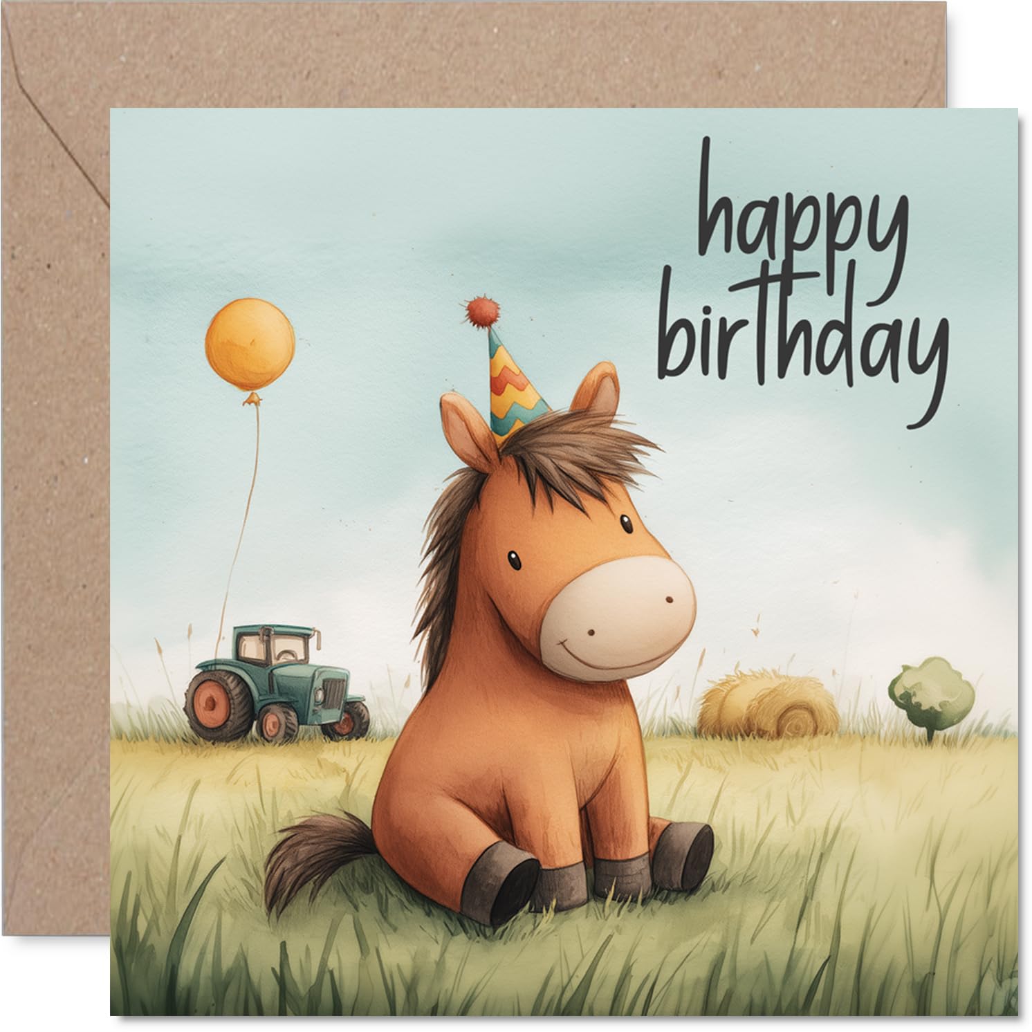 Playful Birthday Card - Bring on the Smiles - Cheerful Horse in a Party Hat in a Sunny Farm Scene - Light-hearted Fun for Animal Lovers - 145mm Square, Envelope Included