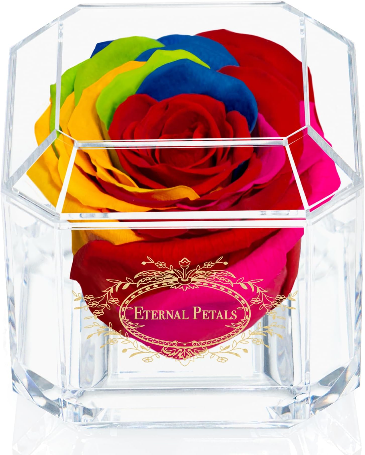 Eternal Petals A 100% Real Rose That Lasts Years, Handmade in London – Gold Solo (Rainbow)