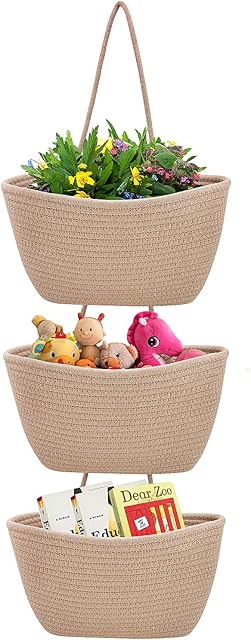 Over the Door Hanging Basket, 3-Tier Cotton Rope Wall Mount Hanging Baskets for Organizing and Storage, Decorative Hanging Storage Basket for Bedroom, Bathroom and Living Room (Jute)