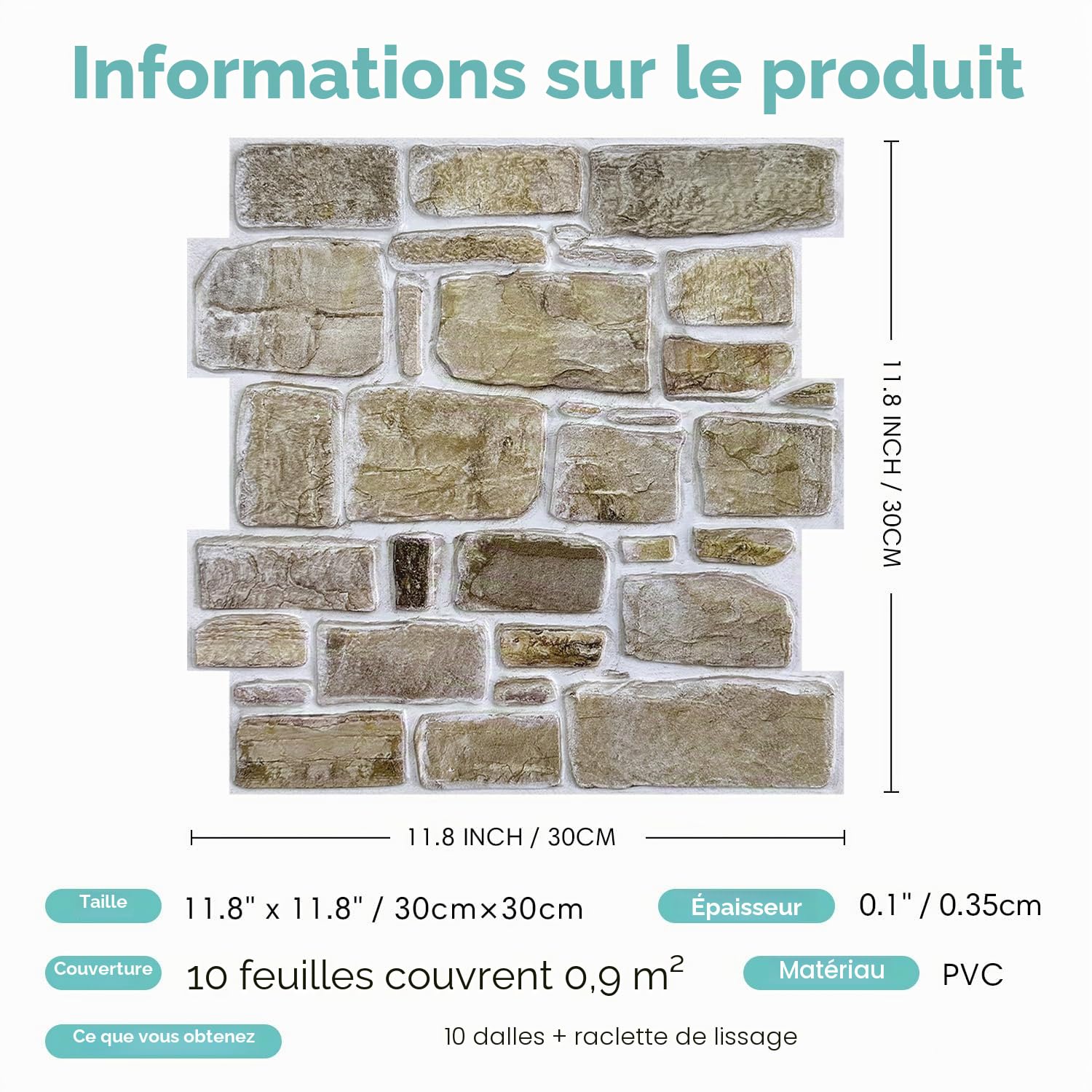 Commomy Panneaux Muraux 3D Effet Pierre Brique Autocollant, 10 Pièces, Papier Peint Brique Auto Adhesif Mural 3D, 30 x 30 cm, PVC Revêtement Mural Imperméable pour Salon Cuisine Cheminée Chambre