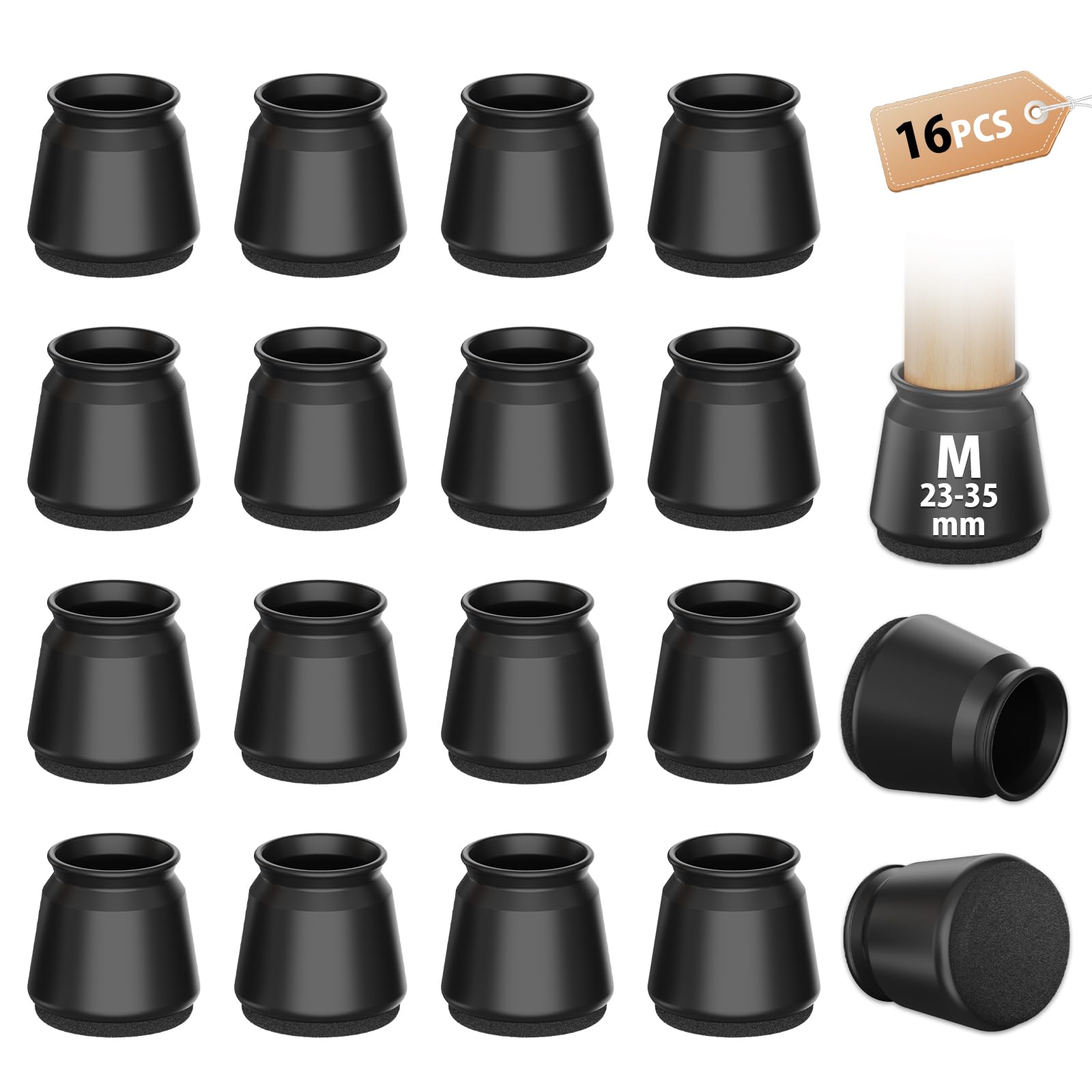 16 Pcs Round Black Chair Leg Silicone Floor Protectors, Chair Socks, Stool Leg Covers with Felt Pads, Protect Floors from Scratches, Reduce Noise (Fit:23-35mm)