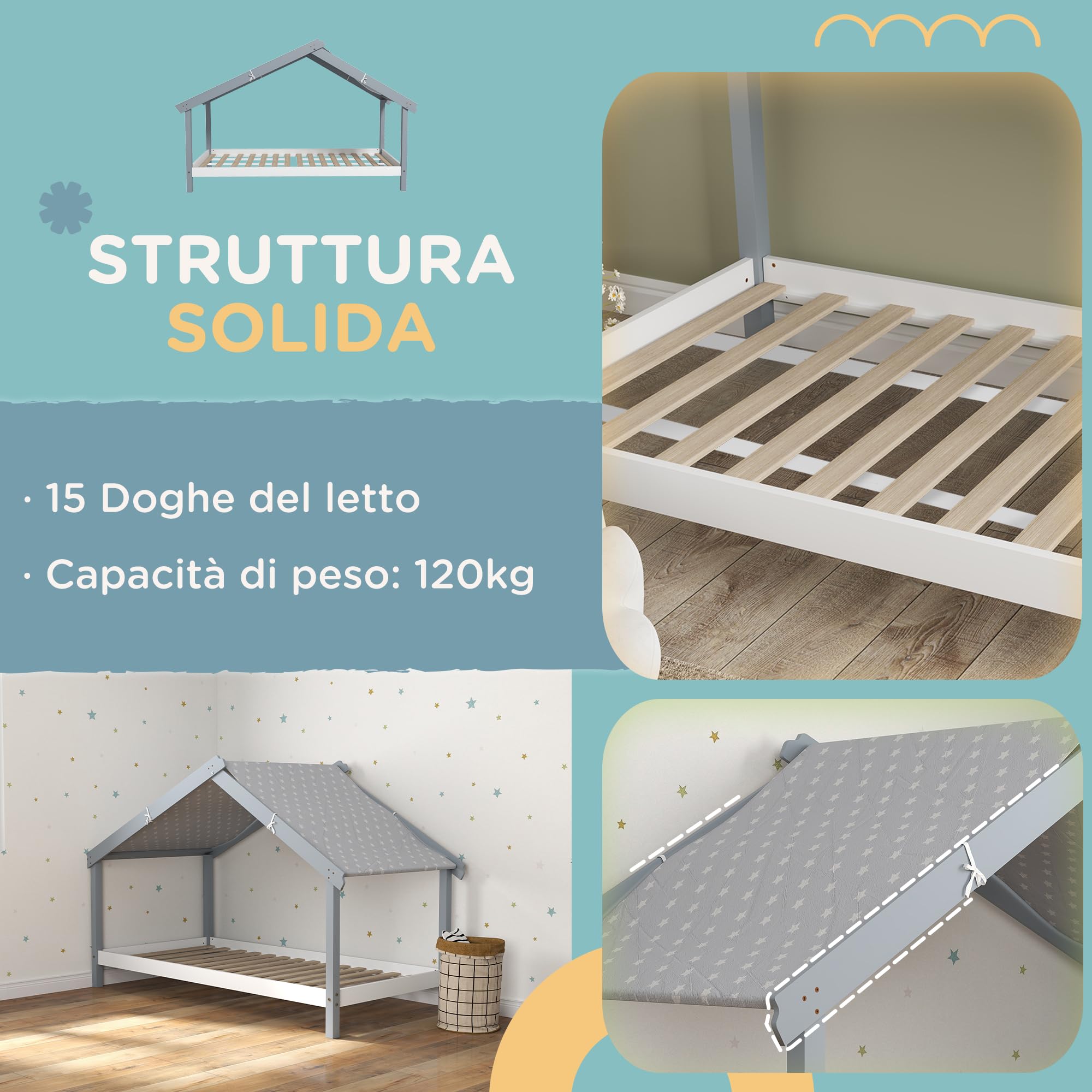 HOMCOM Letto Montessori per bambini a Casetta con Tetto Stellato, Letto per Bambini 90x190 cm per Cameretta con Struttura in Legno di Pino, 15 Doghe e Barriere di Protezione, Grigio