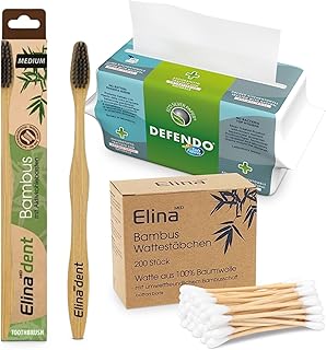 Hygiene-Bundle (3-teilig) – Antibakterielle Falt-Handtücher 100 Stk + 1 Bambus Zahnbürste schwarz + 200 Bambus Wattestäbchen –ökologisches umweltfreundliches Set.