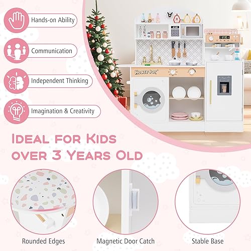 Miniatura 8 de HONEY JOY Juego de cocina para niños, juego de cocina de juguete de madera con luces, cafetera, microondas, fregadero, máquina de hielo, lavadora,