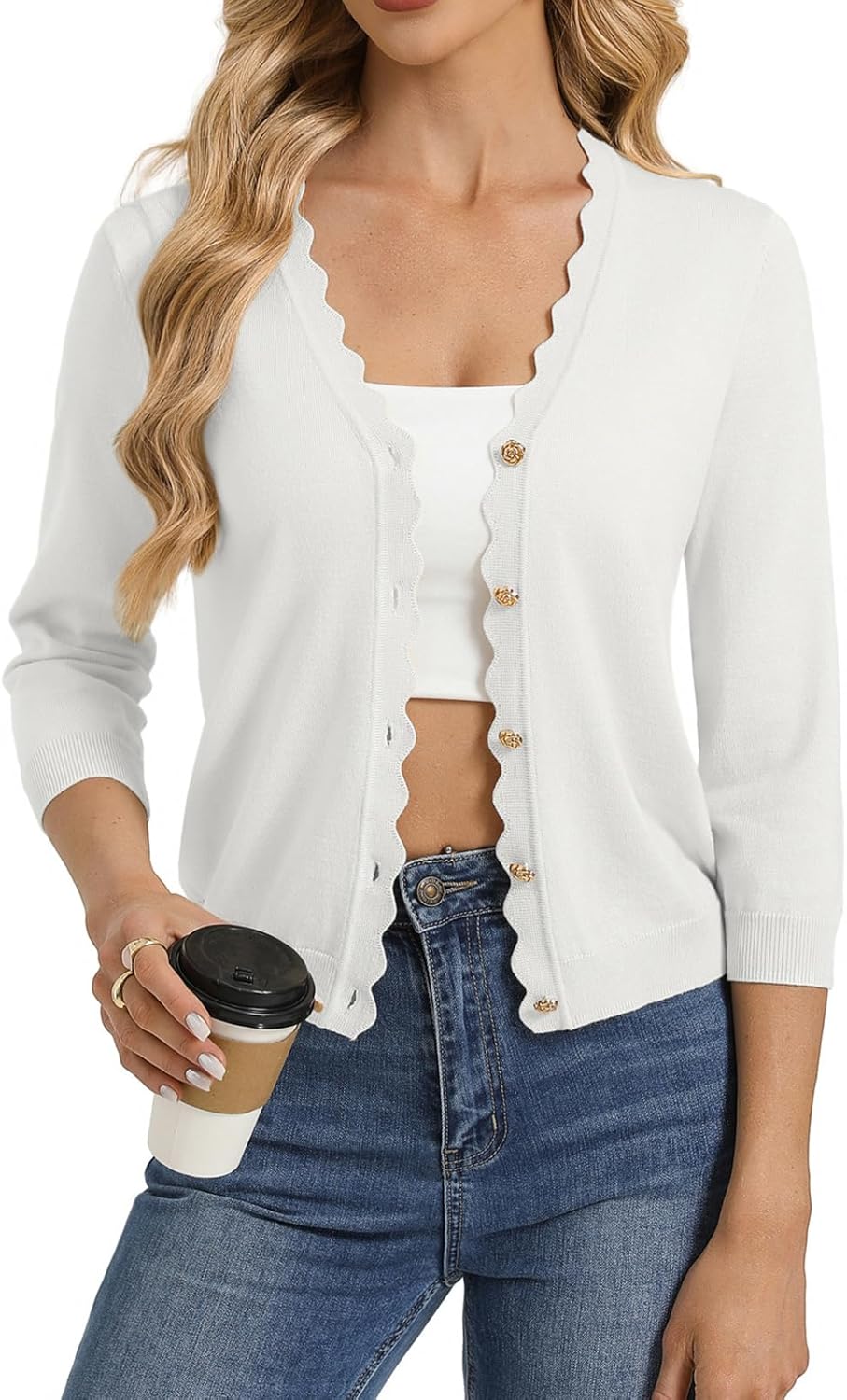 GRACE KARIN Women's 3/4 Sleeve V Neck Button Down Lightweight Cardigan Sweater Open Front Dressy Shrugs Spring Fashion