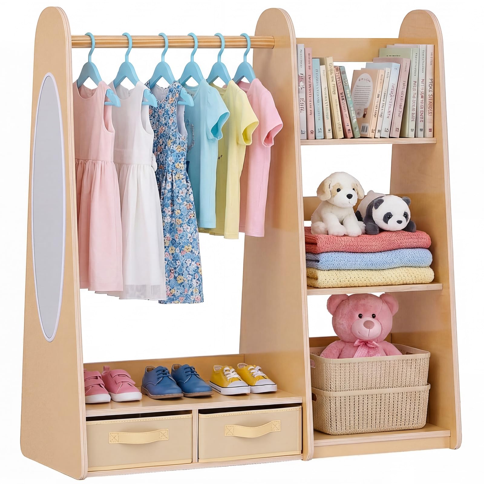 VEVOR Armario de Disfraces para Niños con Espejo, Mueble Montessori de Madera Natural, Perchero Infantil con Estantes, Organizador de Ropa con Compartimentos y Barra para Cuarto de Juegos y Dormitorio