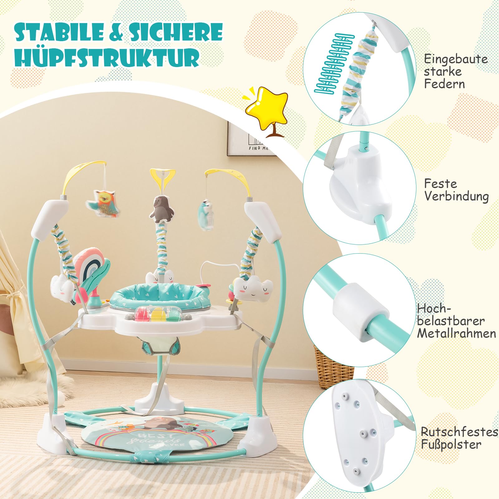 GOPLUS 3 w 1 Baby Jumperoo, centrum do skakania i zabaw z obrotowym siedziskiem o 360°, zabawka i tablet muzyczny ze światłami i dźwiękiem, siedzisko do zabawy z regulacją wysokości, dla dzieci od 6