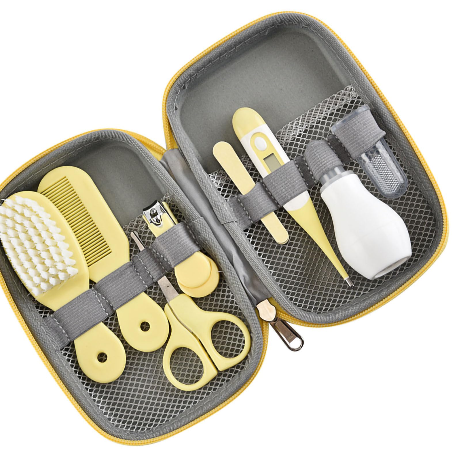 Baby-Pflegeset, tragbares Sicherheitspflegeset mit Haarbürste, Nagelknipser, Nasenreiniger, Fingerzahnbürste, Schere, Neugeborenenpflege für und Mädchen (Gelb)