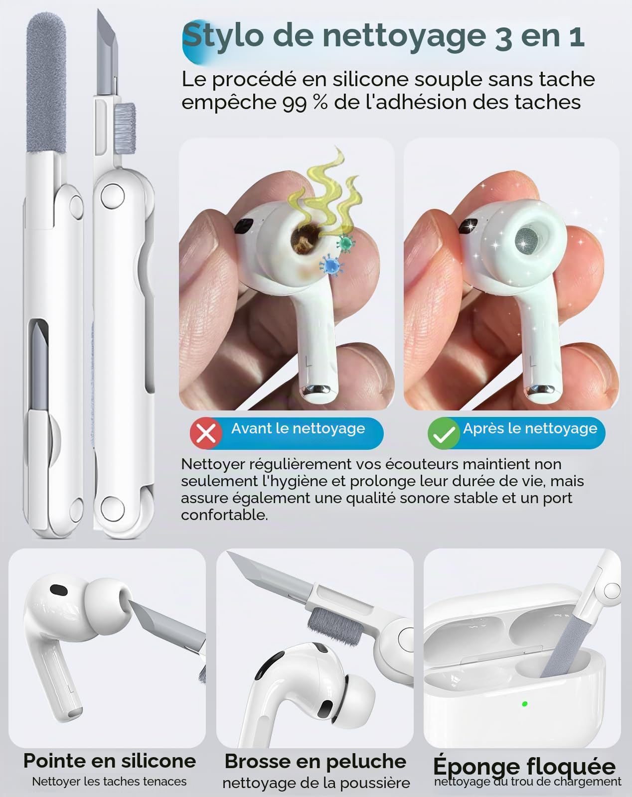 Lot de 4 embouts de Rechange Silicone pour Airpods Pro 2ème et 1ère génération, avec Trou de réduction du Bruit - Blanc (XS/S/M/L)