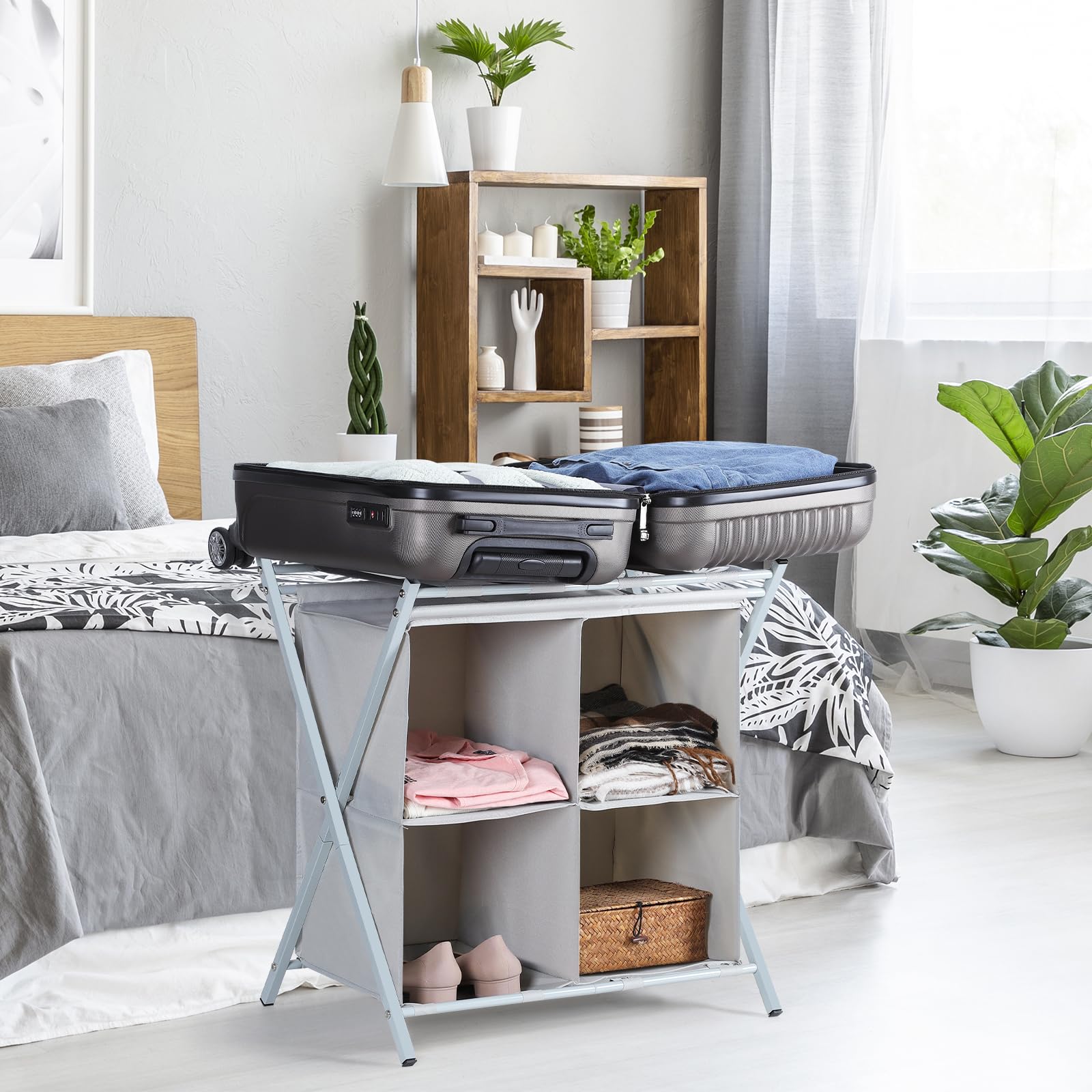 Nandae Porte-valises Pliable avec 4 Compartiments - Rangement pour Valises, Chaussures et Vêtements en Métal et Nylon, pour Chambre et Dressing, Gain de Place