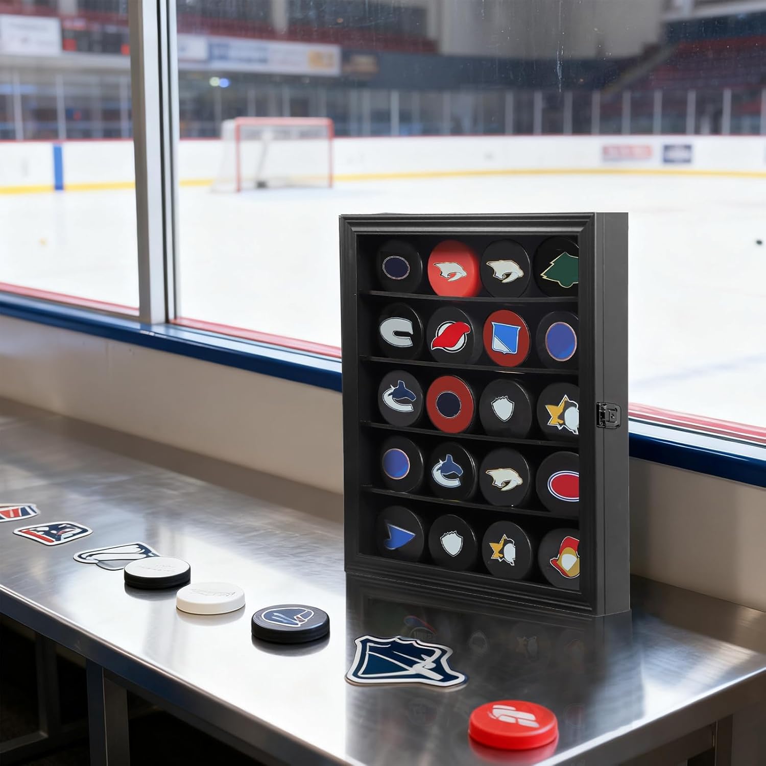 20 Hockey Puck Display Case - Puck Holder Wall Mount Cabinet Stand - Hockey Puck Shadow Box with Glass for Collection Hockey Puck, Large Black