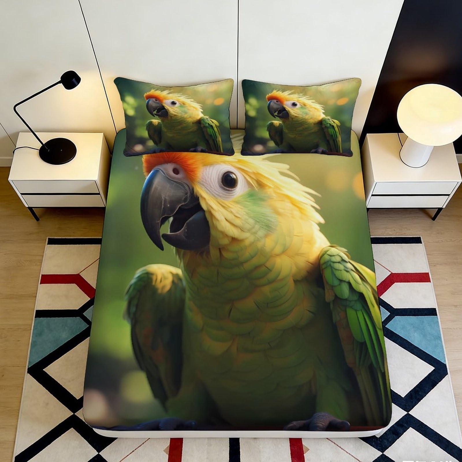 3D Printed Tropical Parrot Fitted Sheet Microfiber Soft Breathable Colorful Bird Mattress Cover for Bedroom Dormitory Guest Room Mattress Protection Decor 140x200x25cm