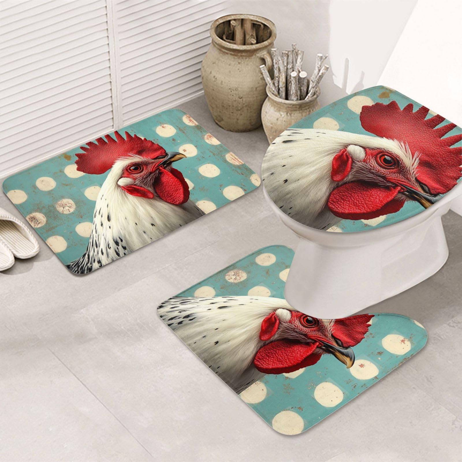 Alfombras de baño con gallos negro y blanco juego de 3 piezas lavable