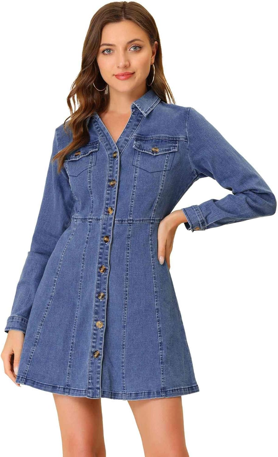 Allegra K Women's Denim Dress Button Down Collar V Neck Long Sleeve A-line Cotton Jean Dress