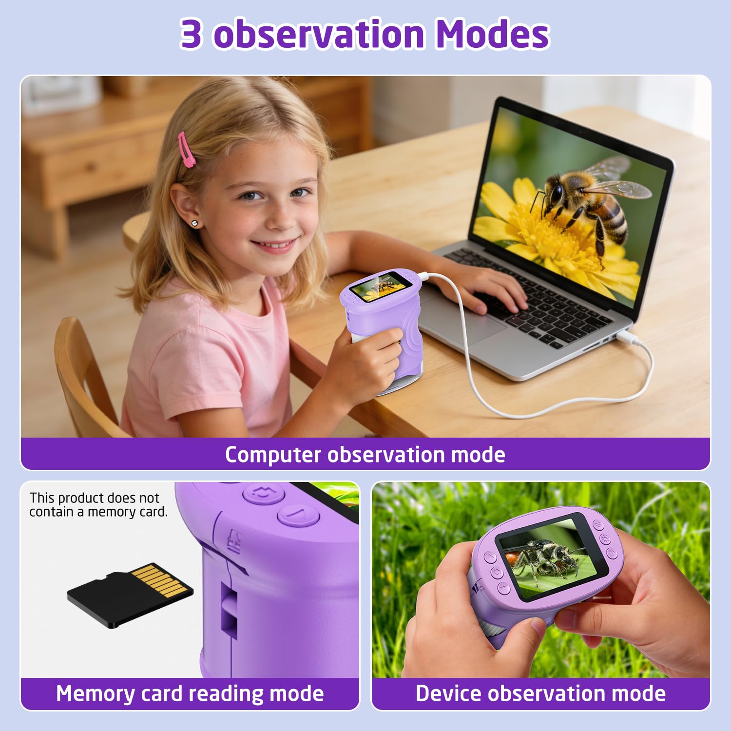 Microscope Numérique pour Enfants, YYCT écran 2 Pouces HD 1080P Microscope Enfant, 1000X Rechargeable Microscope pour Expériences Scientifiques en Extérieur, à partir de 3 Ans (Purple)