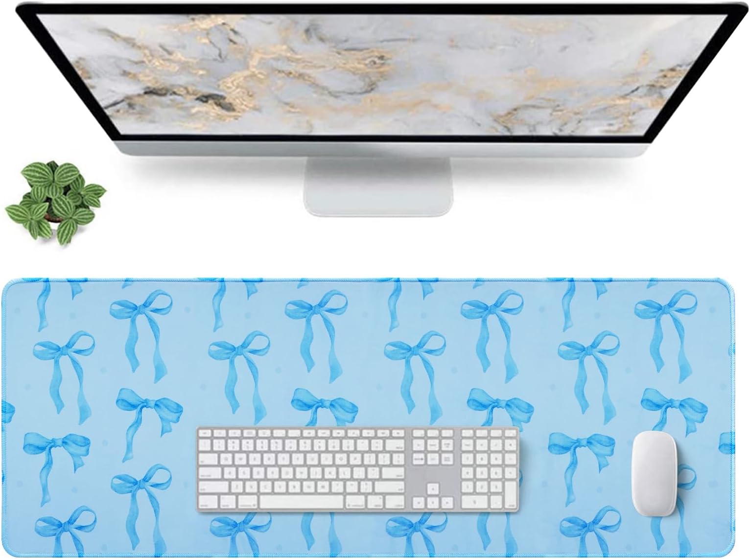 Large Mouse Pad, Blue Bows Desk Mat with Light Blue Background, Kawaii Computer Mat Keyboard Mat Cute Blue Office Accessories, Non-Slip Rubber Base Laptop Pad Girls Desktop Decor 31.5 x 11.8in
