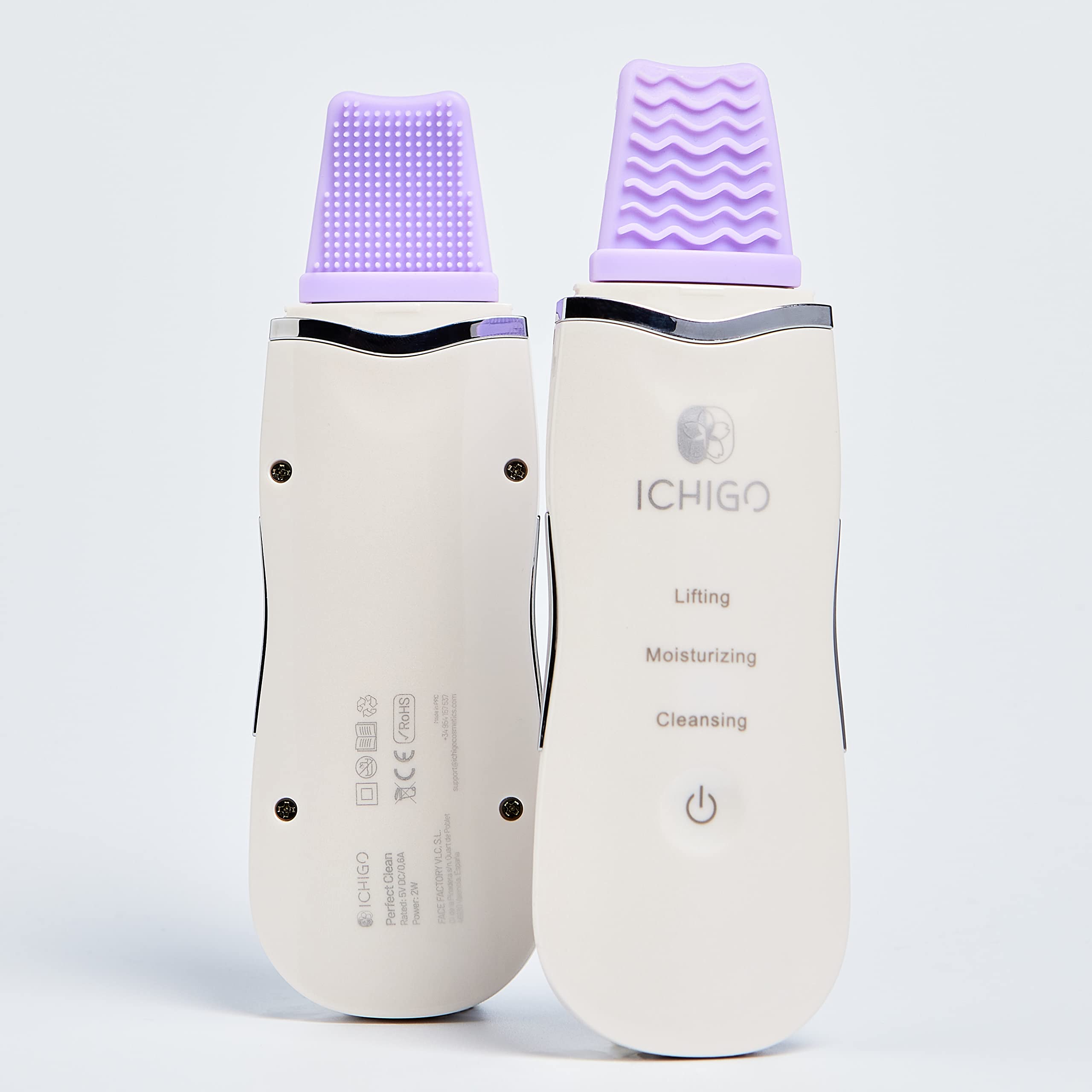 ICHIGO PERFECT CLEAN - Limpiador ultrasónico 4 en 1 función de iones, vibración, fototerapia LED y EMS limpia, exfolia, hidrata y tensa.Accesorio de silicona piel sensible. USB y 3 años de garantía.