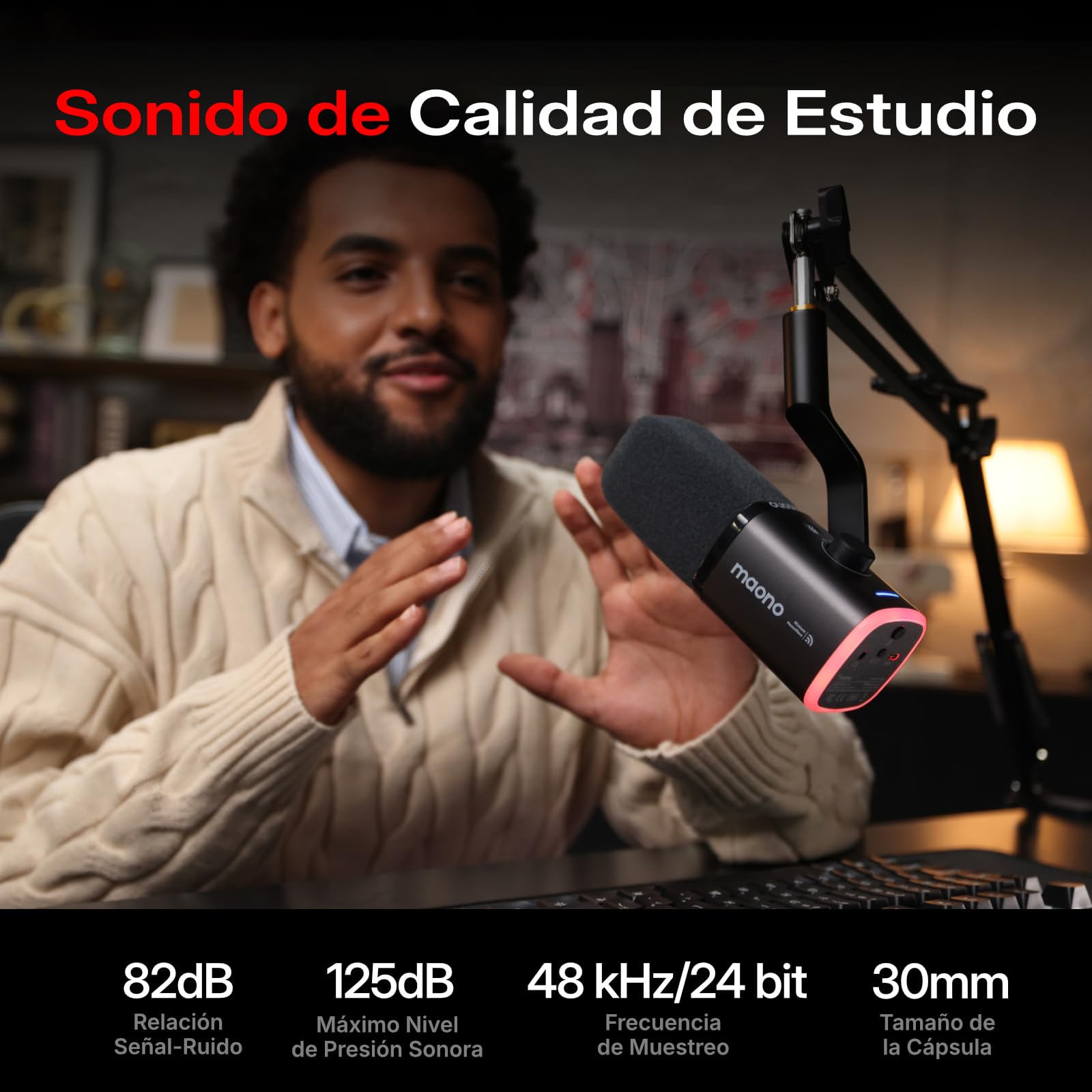 MAONO PD100WS Micrófono Gaming Inalámbrico para PC, Micrófono Dinámico USB con Brazo, 3 Niveles de Reducción de Ruido, RGB, Botón Mute & EQ por Software para Streaming, Podcast & Grabación, Negro