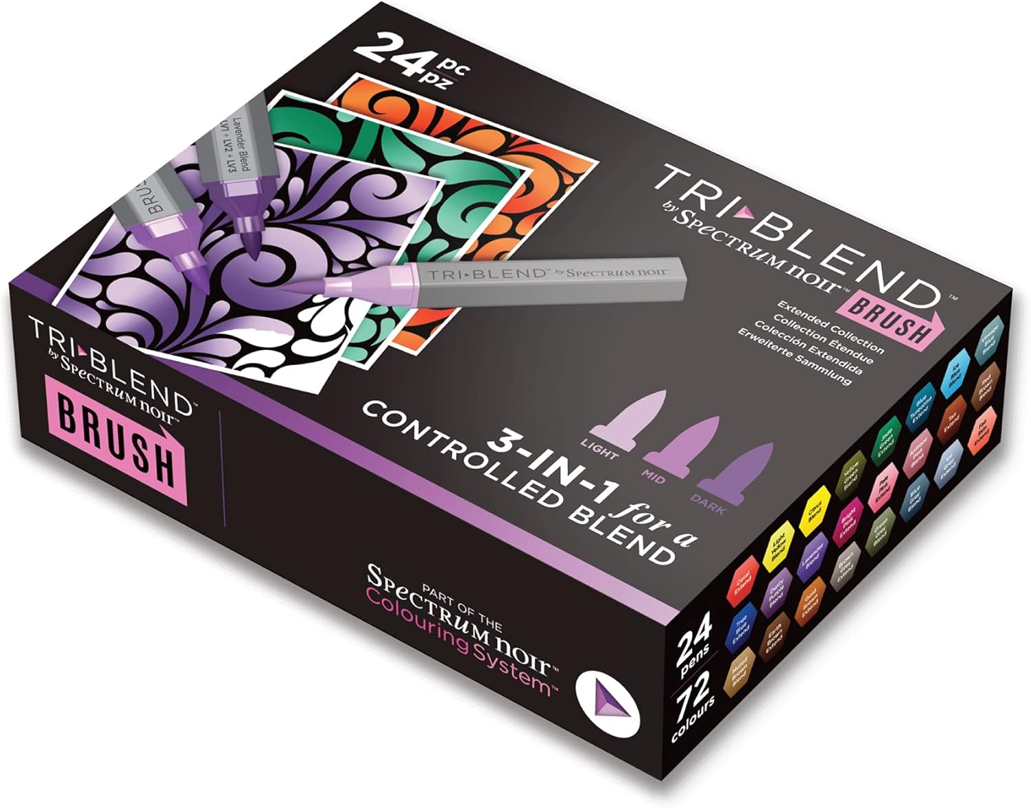 Crafter's Companion Spectrum Noir Triblend Brush Nib Alcohol Markers Pack of 24Unique 3in1