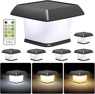 Intelamp Solar Fence Post Cap Lights, 6-Pack With Remote Control - White, Neutral, Warm White, Waterproof for 3.4x3.4, 4x4, 5x5 Inch Wood/Vinyl Fence, Garden, Deck