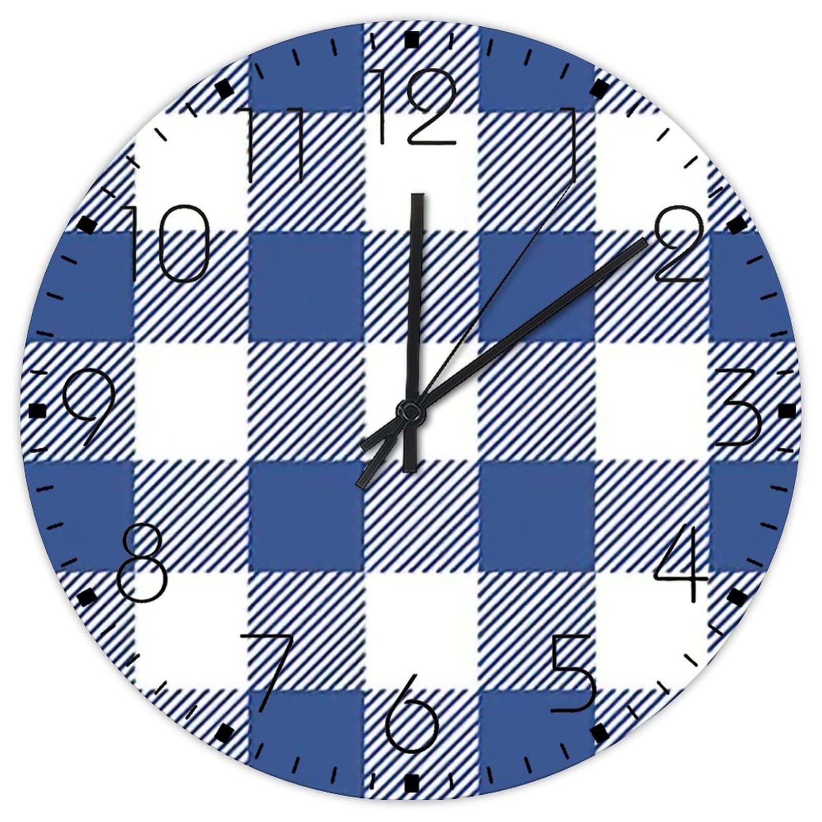 Horloge murale analogique ronde en bois bleu carreaux de buffle sans tic-tac 30 cm