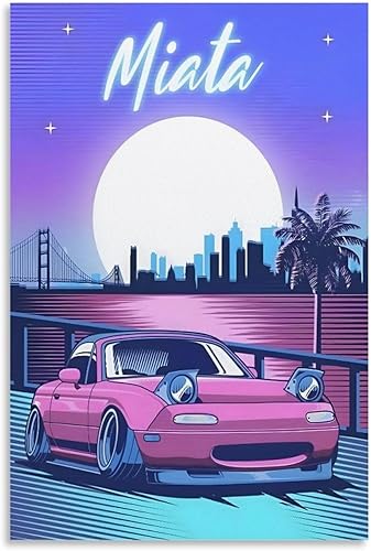 PLIUYBG JDM Miata Synthwave - Póster de automóvil, póster artístico para habitación, estética y pared, decoración de sala de estar, póster de 16 x