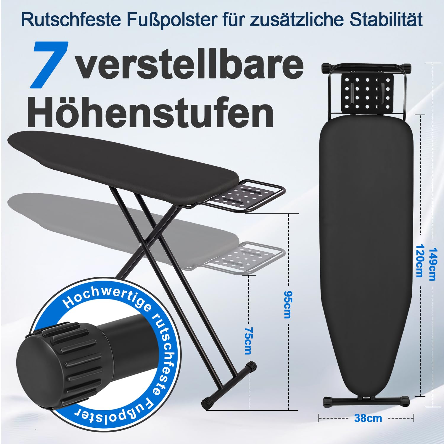 Klappbares Bügelbrett, Ironing Board,Robustes Dampfbügelbrett mit Bügeleisenablage,mit rutschfesten Füßen, stabiles Gestell,Tischbügelbrett mit Verstellbarer Höhe, Ironing area120x38cm