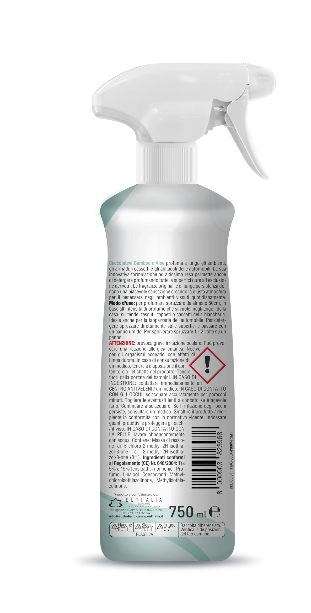 COCCOLATEVI Essenza per Ambienti Bamboo e Aloe 750 ml X 6 Profumatore per Ambienti, Armadi, Cassetti, Automobile, Deodorante Ambiente, Profumo casa, Detergente Superfici, Antipolvere