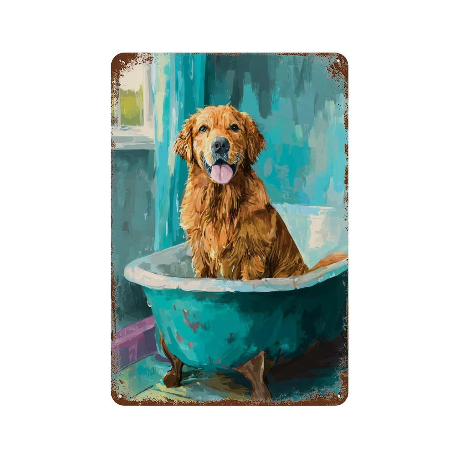 Rust Effect Golden Retriever in Bathtub Decorative Tin Sign 11.8"x7.9", Classic Wall Plaque for Pub, Kitchen And Man Cave Decor