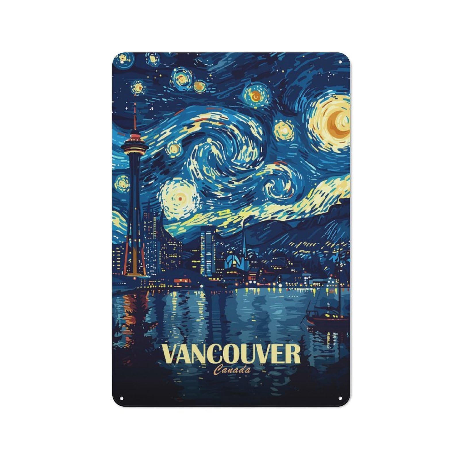 Vancouver Canada Starry Night Art Metal Wall Plaque 30x20cm, Character Room Wall Plaque for Hallway, Home Bar, Garage Or Study