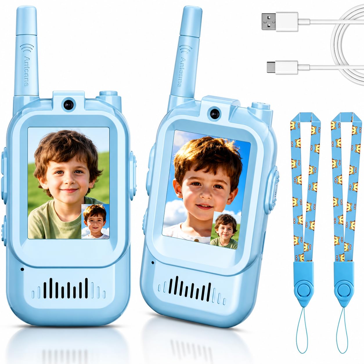 Kids Video Walkie Talkie with Camera (2 Pack | Blue) – Rechargeable Wireless Video Intercom Toy, 450m Range, Voice Changer, Photo Messaging for Children