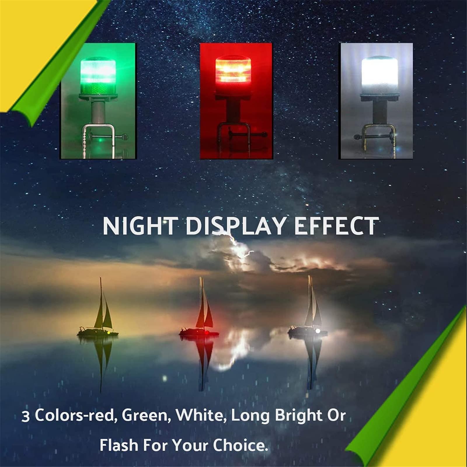 Luci di navigazione per barche, IP65, impermeabili, a energia solare, luce di sicurezza (luce lunga + lampeggiante), rosso/verde/bianco