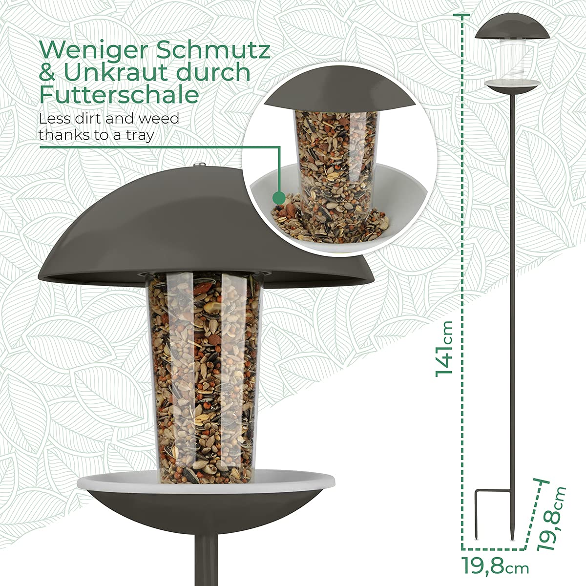 WILDLIFE FRIEND I Vogelfutterspender mit Steckstab 141 cm, Vogelhaus - Futterstation, Futterspender für Wildvögel, Grau [Dark Grey]