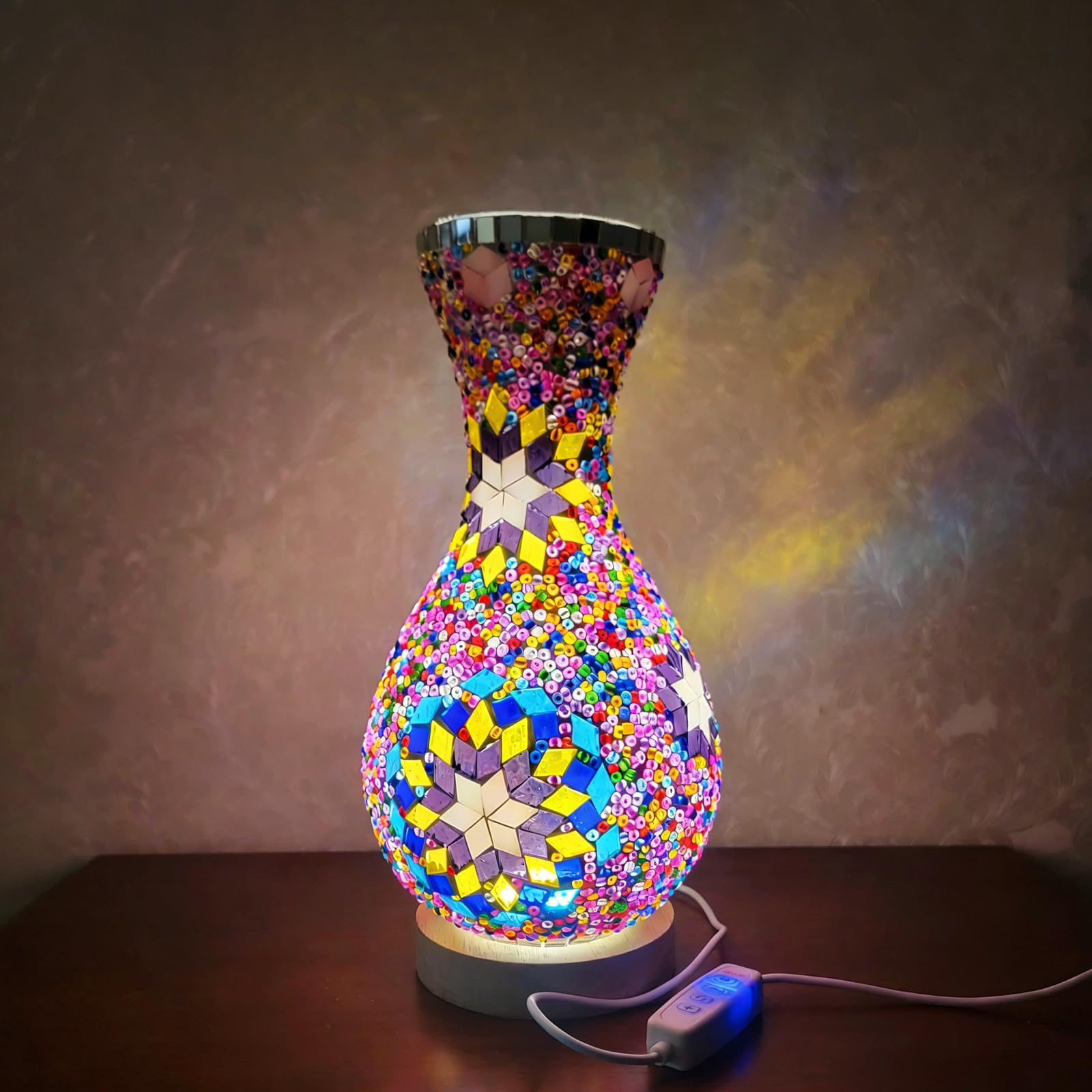 Colored Glass Mosaic Vase Lamp B&B Hotel Specialty Restaurant Table Decorative Ornament Turkish Mann Coffee Style 3-Color Dimmable Night Light (USB Powered)