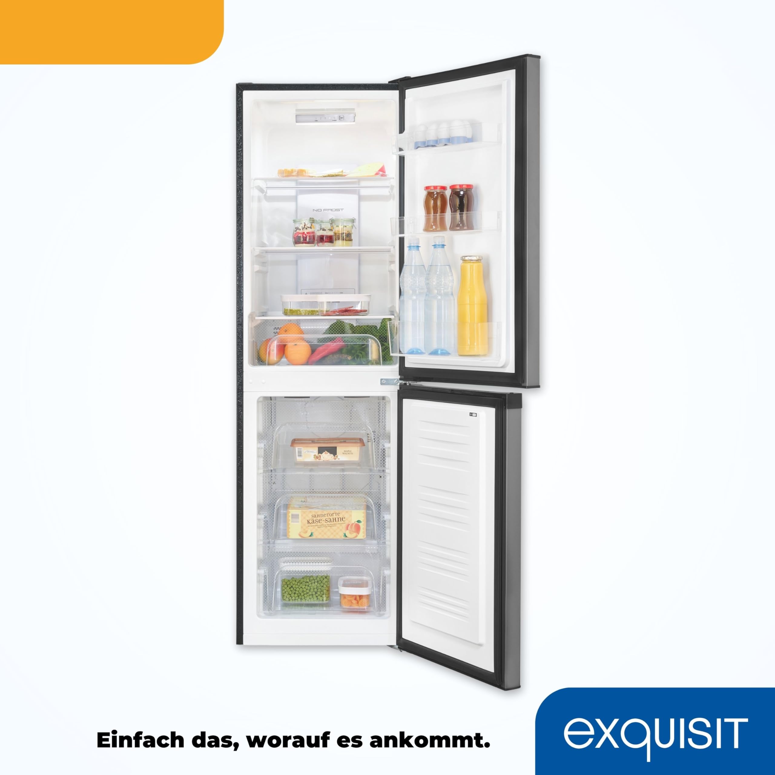 Exquisit Kühl-Gefrierkombination No Frost, 193 L, Energieklasse E | Freistehend, 54 cm breit, Inoxlook, 4-Sterne-Gefrierfach, LED-Licht, 41 dB(A), höhenverstellbare Füße