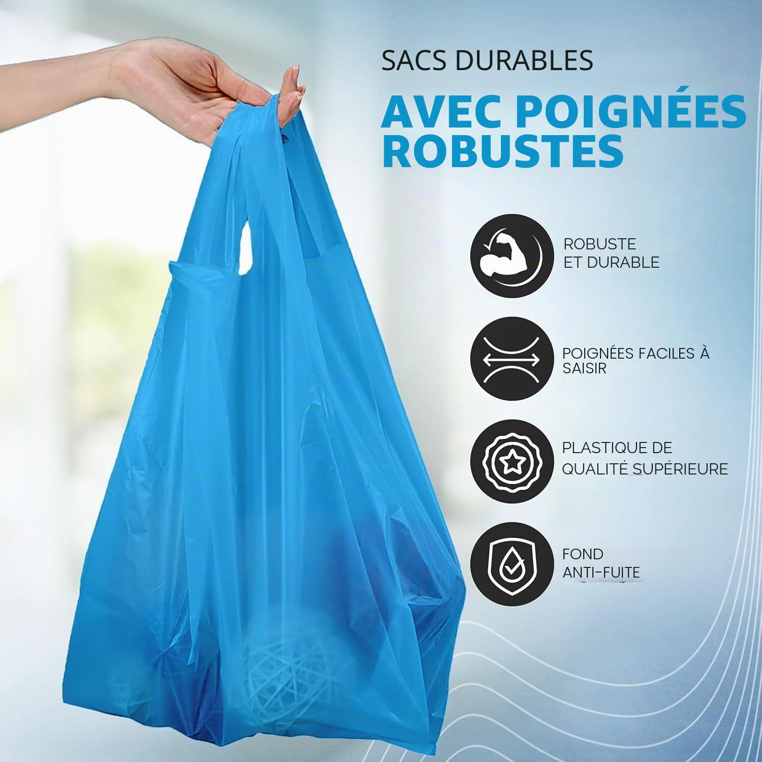 FERRIS | Lot de 200 grands sacs solides avec poignées | Sacs en plastique robuste multi-usages 28 x 43 x 53 cm | Shopping, étals de marché, plats à emporter