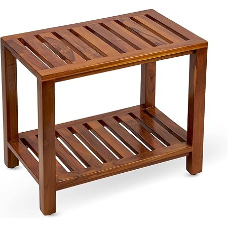 TeakCraft Freya Shower Bench With Shelf - 30 Inch Fully Assembled Teak Wood Bathroom Seat