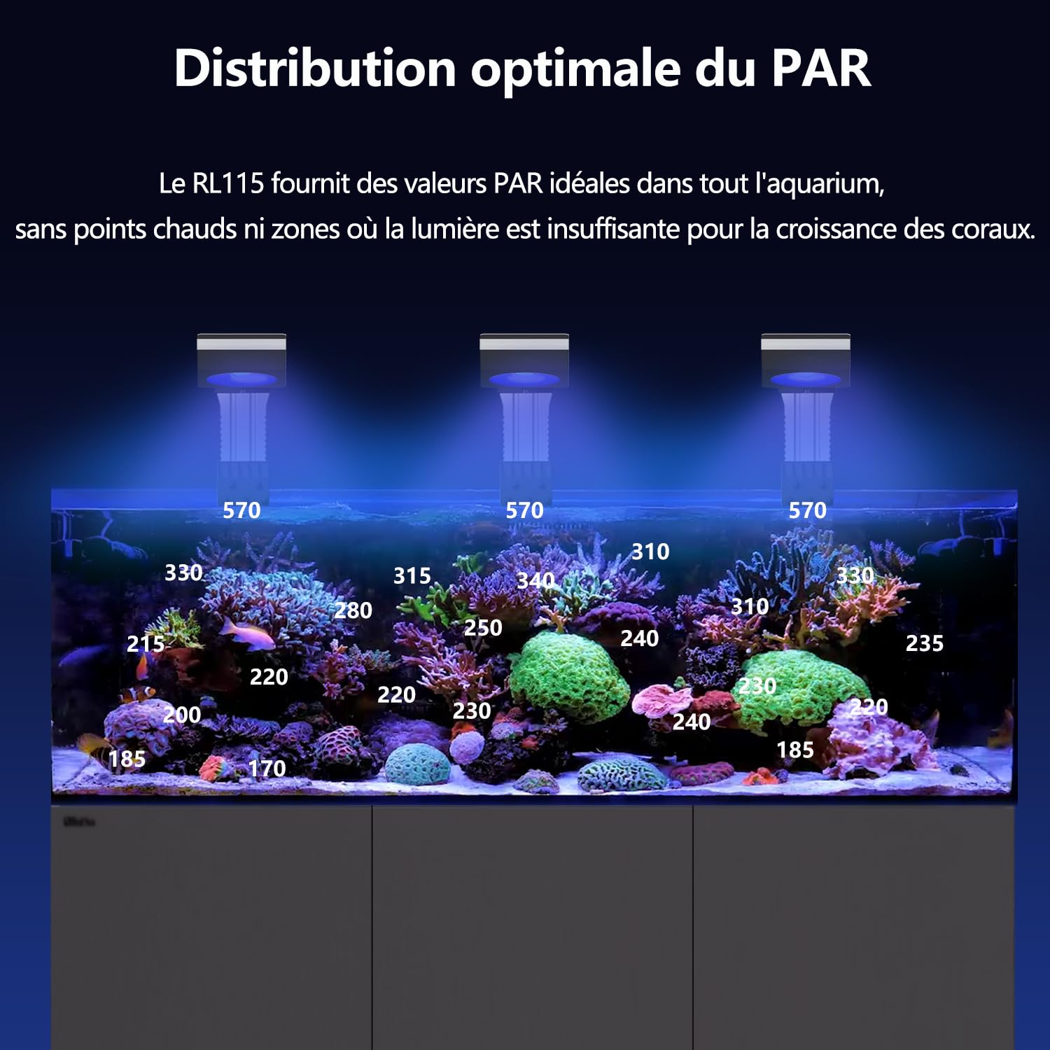 PopBloom RL115 WiFi Éclairage LED Pour Aquarium Récifal 120W, APP Programme Rampe LED Aquarium Eau de Mer Spectre Complet pour Aquarium de Corail, L'APP prend en charge le français