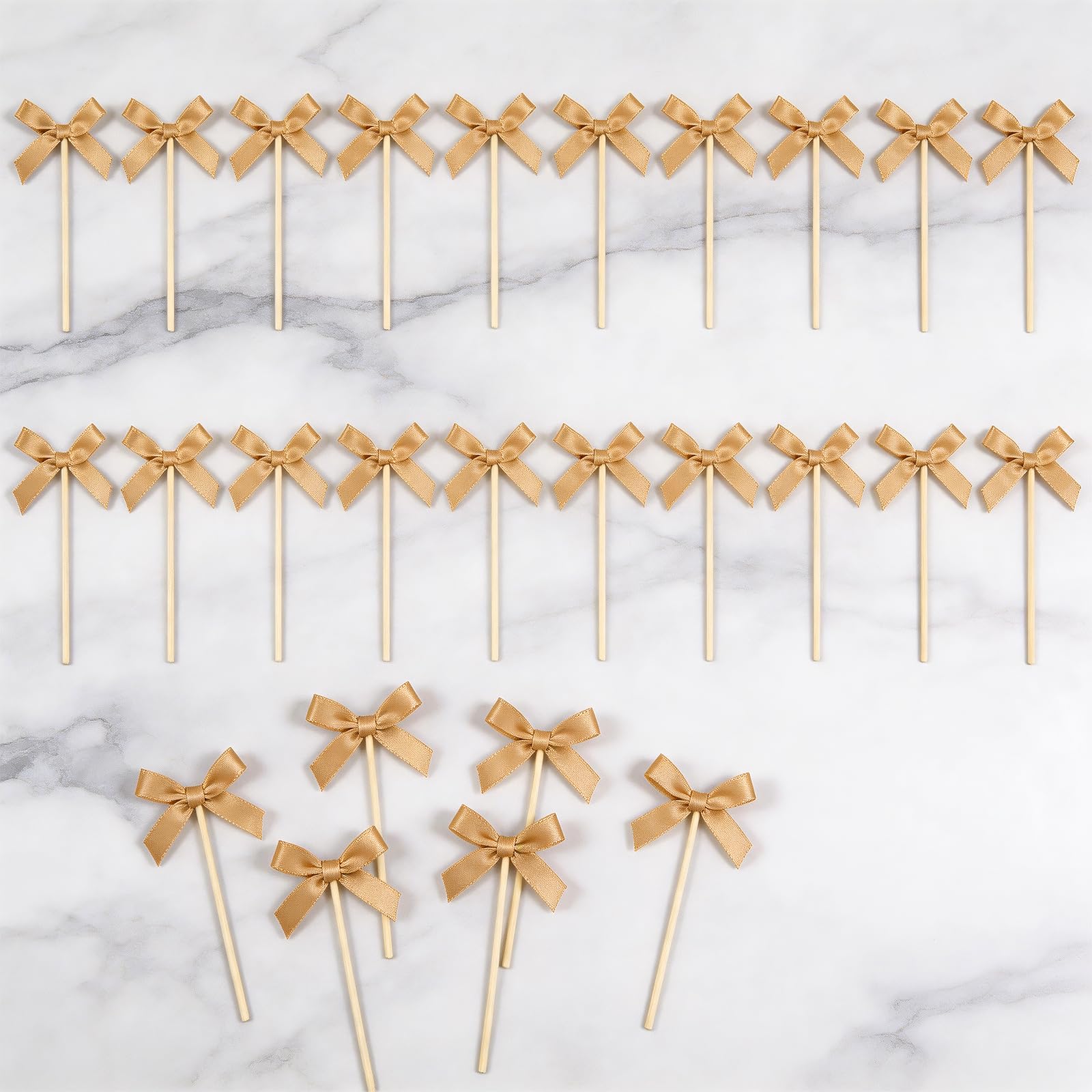 Cake Bows Gold 30P - Champagne Gold Preassembled Cake Toppers for Adult Party Decorations, Elegant Dessert Table Bows for Wedding, Birthday Celebrations