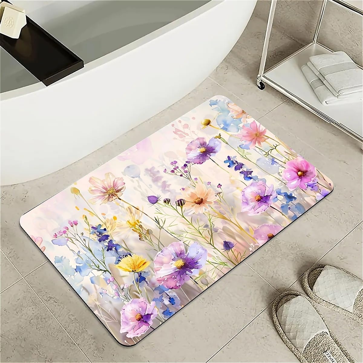 Tapis de bain géométrique en diatomites bleu doré 50x80 cm pour douche