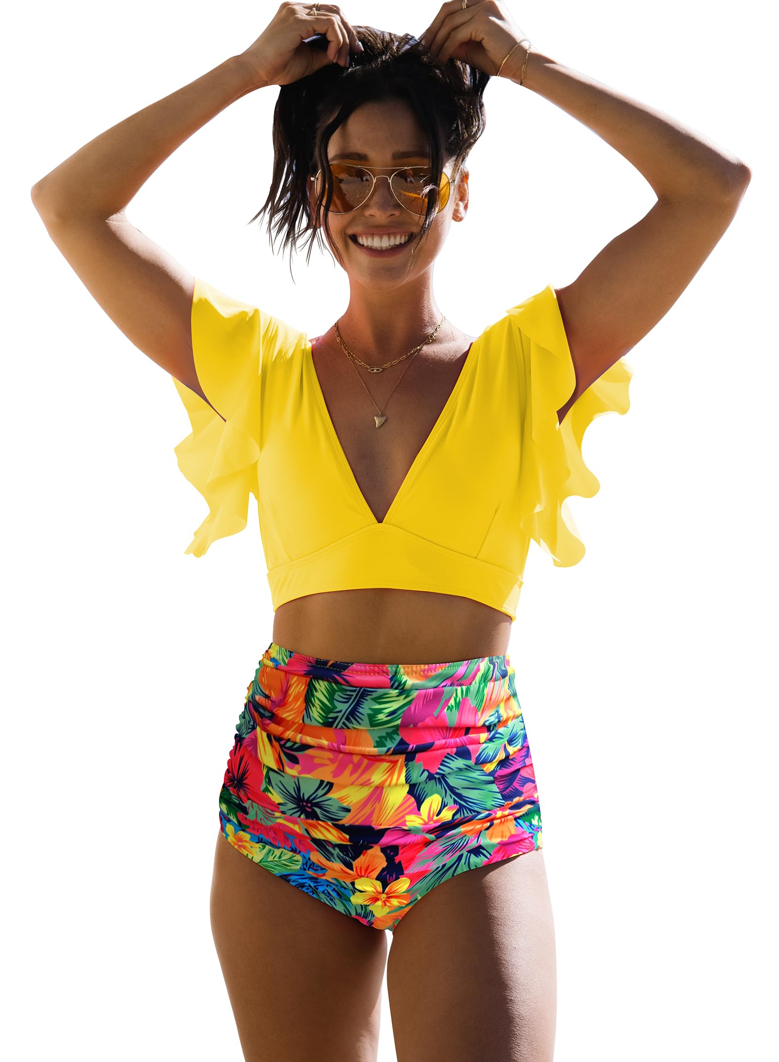 SPORLIKE Women Ruffle High Waist Swimsuit Two Pieces Push Up Tropical Print Bikini, Black 19879