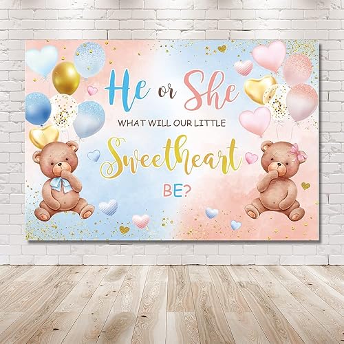 Miniatura 6 de MEHOFOND Telón de fondo para el día de San Valentín con diseño de oso para revelación de género con texto en inglés What Will Our Little Sweetheart