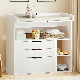 PIPLEO Baby Changing Table Dresser with 3 Drawers & 3 Shelves - Convertible Wood Diaper Station for Nursery Storage (White)
