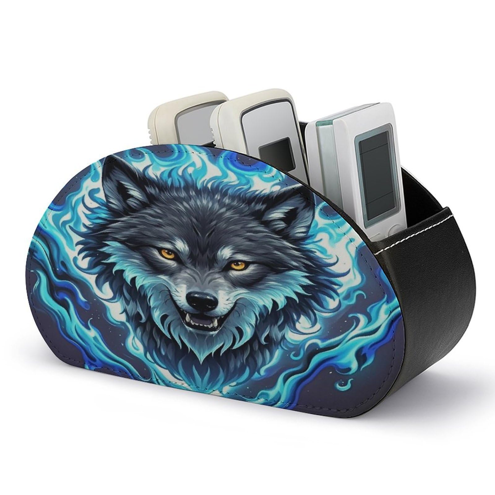 LZQPOEAS Wolf Head in Blue Flames Remote Control Holder with 5 Compartments PU Leather Remote Organizer Box Caddy for Table Nightstand Remote Caddy Desktop Organizer Fits Media Controllers