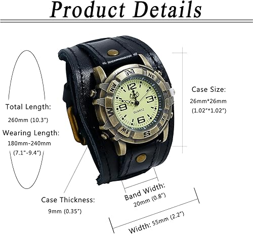 Miniatura 6 de Avaner Relojes de cuero vintage, reloj retro punk, relojes de cuarzo de banda ancha para hombres y mujeres