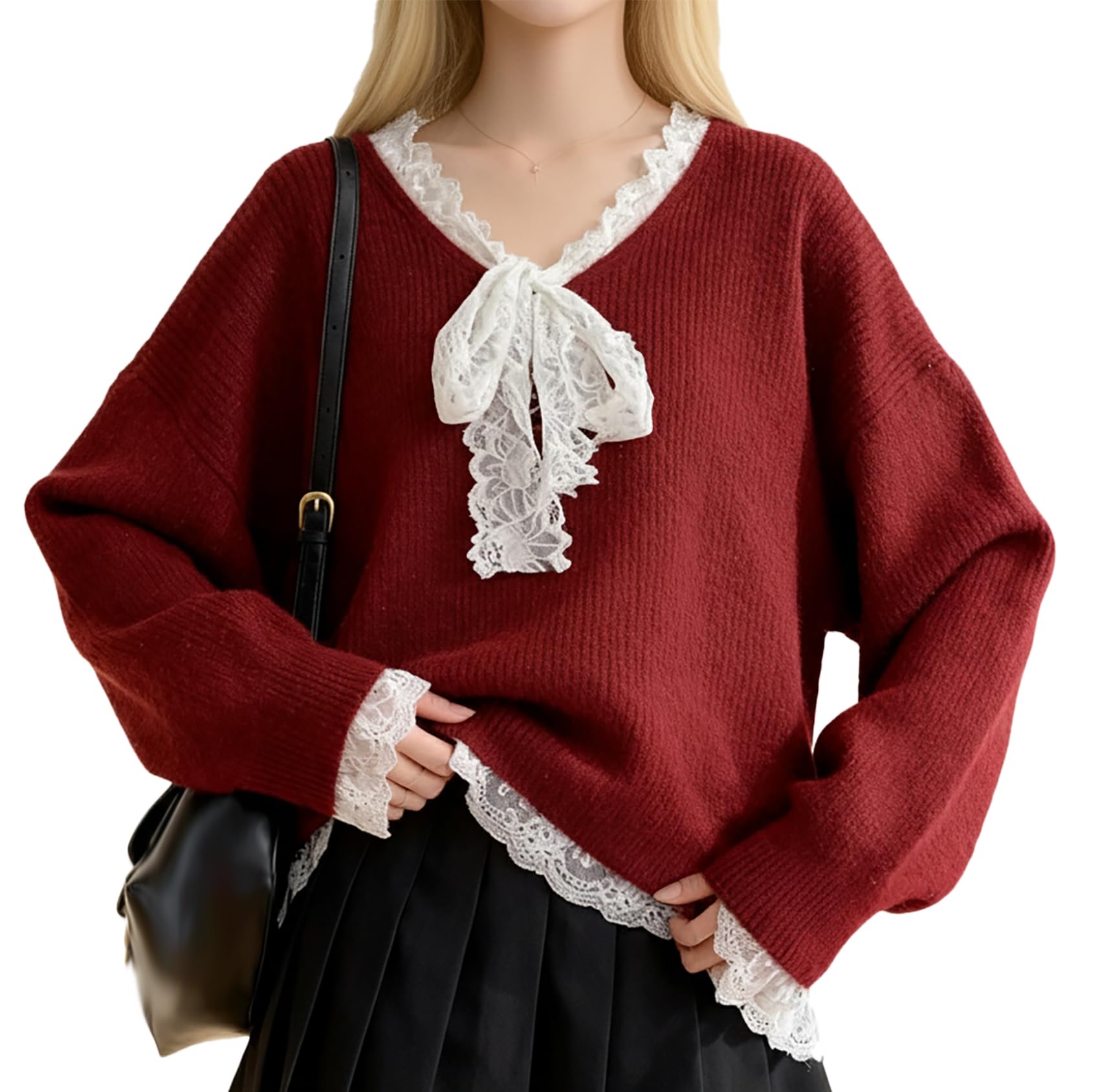 LAI MENG FIVE CATS Womens Tie V-Neck Sweater Loose Fit Lace Trim Knit Long Sleeve Pullover Tops