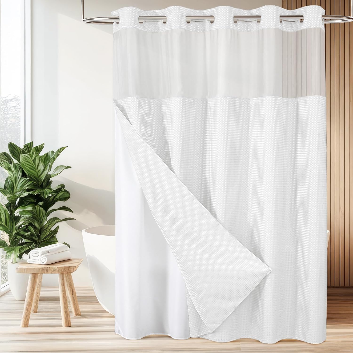 Colorful Star 256GSM Waffle Weave Heavy Duty Shower Curtains, No Hook Shower Curtain with Snap in Fabric Liner, Hotel Style Waterproof Bathroom Curtain Set, 72 x 75 Inch, White White 72"W x 75"L (Pack of 1)