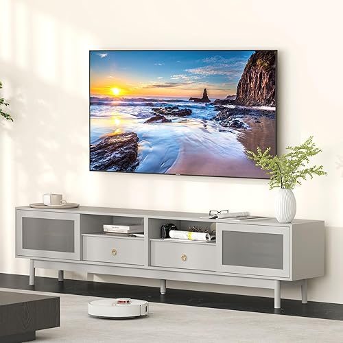 Bonzy Home Soporte de TV con almacenamiento para TV de 80 pulgadas, moderno centro de entretenimiento con puertas de vidrio y 2 cajones, consola de