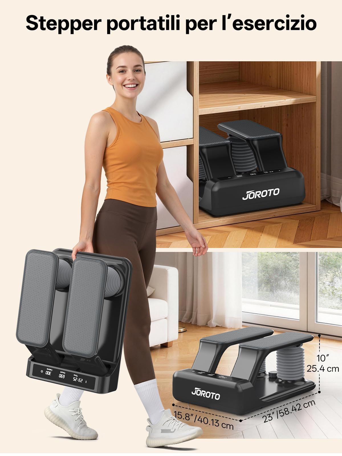 JOROTO Stepper ad Aria per Casa, Mini Stepper con Intensità Regolabile su 5 Livelli + Fasce, 300 LBS/136 KG, Silenzioso, Display LED Ricaricabile, per Appartamento & Home Gym