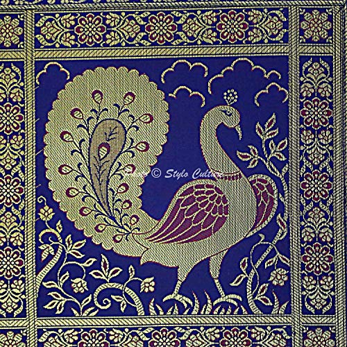 Image of Decorative Brocade Cushion Covers 16x16 Inch Banarasi Jacquard Weave Navy Blue & Gold Home Decor Peacock Traditional Square 40x40 cm Zippered Sofa Settee Pillowcases -Set of 5 Pcs